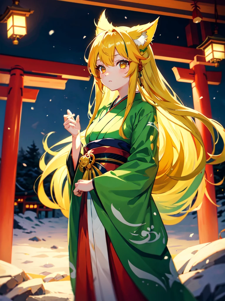 Anime girl with green long hair kitsune Mimi wear kimono yukata hakama, matcha green long hair, kitsune mimi, kemono mimi, kemo mimi, detail eyes (red yellow orange gradient fox eye), shining eye, glowing Cristal eye, piercing glowing eye, beautiful eye.japan shrine,red Shrine, shinto shrine. Lake background, Snowy mountain. 4k resolution, masterpiece art, detail hair, detail fingers, 4 fingers, high resolution, Symmetrical Fingers. Night.