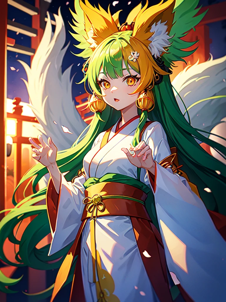 Anime girl with green long hair kitsune Mimi wear kimono yukata hakama, matcha green long hair, kitsune mimi, kemono mimi, kemo mimi, detail eyes (red yellow orange gradient fox eye), shining eye, glowing Cristal eye, piercing glowing eye, beautiful eye.japan shrine,red Shrine, shinto shrine. Lake background, Snowy mountain. 4k resolution, masterpiece art, detail hair, detail fingers, 4 fingers, high resolution, Symmetrical Fingers. Night.