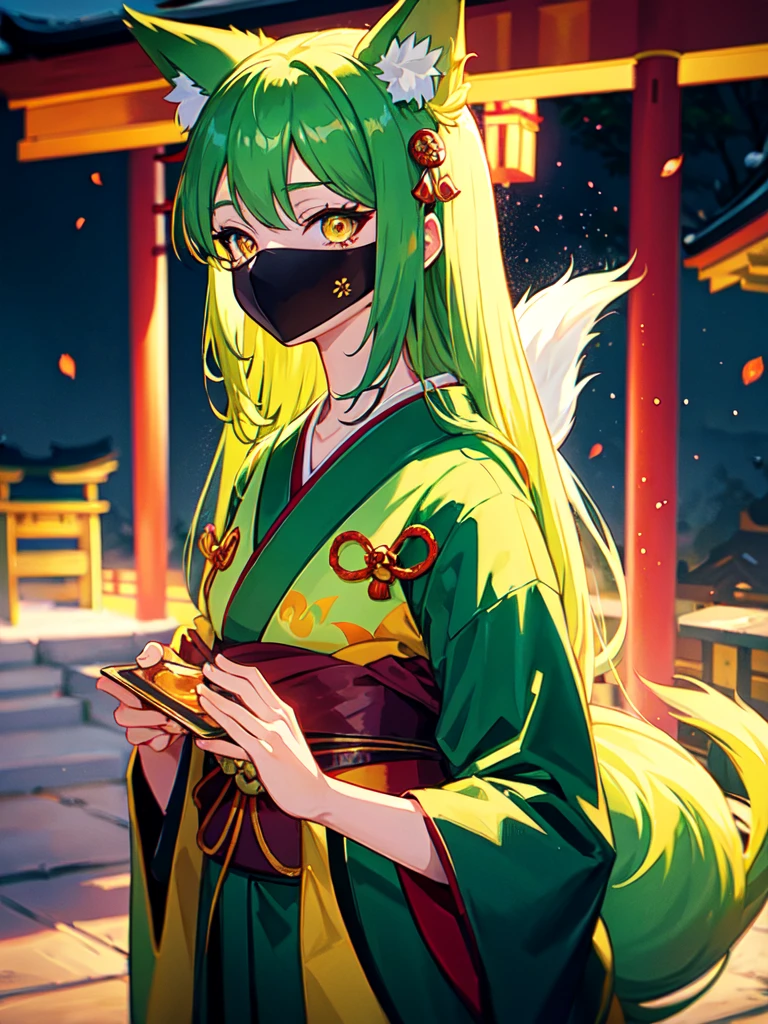 Anime girl with green long hair kitsune Mimi wear kimono yukata hakama, matcha green long hair, kitsune mimi, kemono mimi, kemo mimi, detail eyes (red yellow orange gradient fox eye), shining eye, glowing Cristal eye, piercing glowing eye, beautiful eye.japan shrine,red Shrine, shinto shrine. Lake background, Snowy mountain. 4k resolution, masterpiece art, detail hair, detail fingers, 4 fingers, high resolution, Symmetrical Fingers. Night.