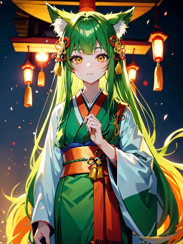 Anime girl with green long hair kitsune Mimi wear kimono yukata hakama, matcha green long hair, kitsune mimi, kemono mimi, kemo mimi, detail eyes (red yellow orange gradient fox eye), shining eye, glowing Cristal eye, piercing glowing eye, beautiful eye.japan shrine,red Shrine, shinto shrine. Lake background, Snowy mountain. 4k resolution, masterpiece art, detail hair, detail fingers, 4 fingers, high resolution, Symmetrical Fingers. Night.