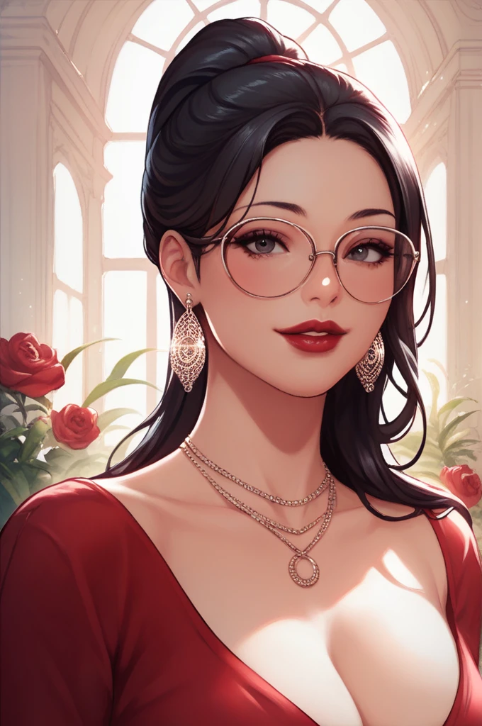 Hot sexy beautiful babe , perfect body, detailed lips rings ,black hair,black eyes, wearing white sun glasses , detailed , big chandelier earrings , alluring face, smiling, necklace , red lipstick ,hair ponytail ,red flowers brochure,red gown