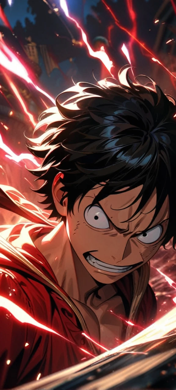  High quality, ,absurdres, highres, ultra detailed, HDR, masterpiece, extremely detailed face and eyes,  Luffy , One Piece,, Black hair ,red shirt, solo, ,man, handsome, ,, Epic fight scene, red splashing effect,red lightning  effect,glowing glitters , full effect, symetrical 