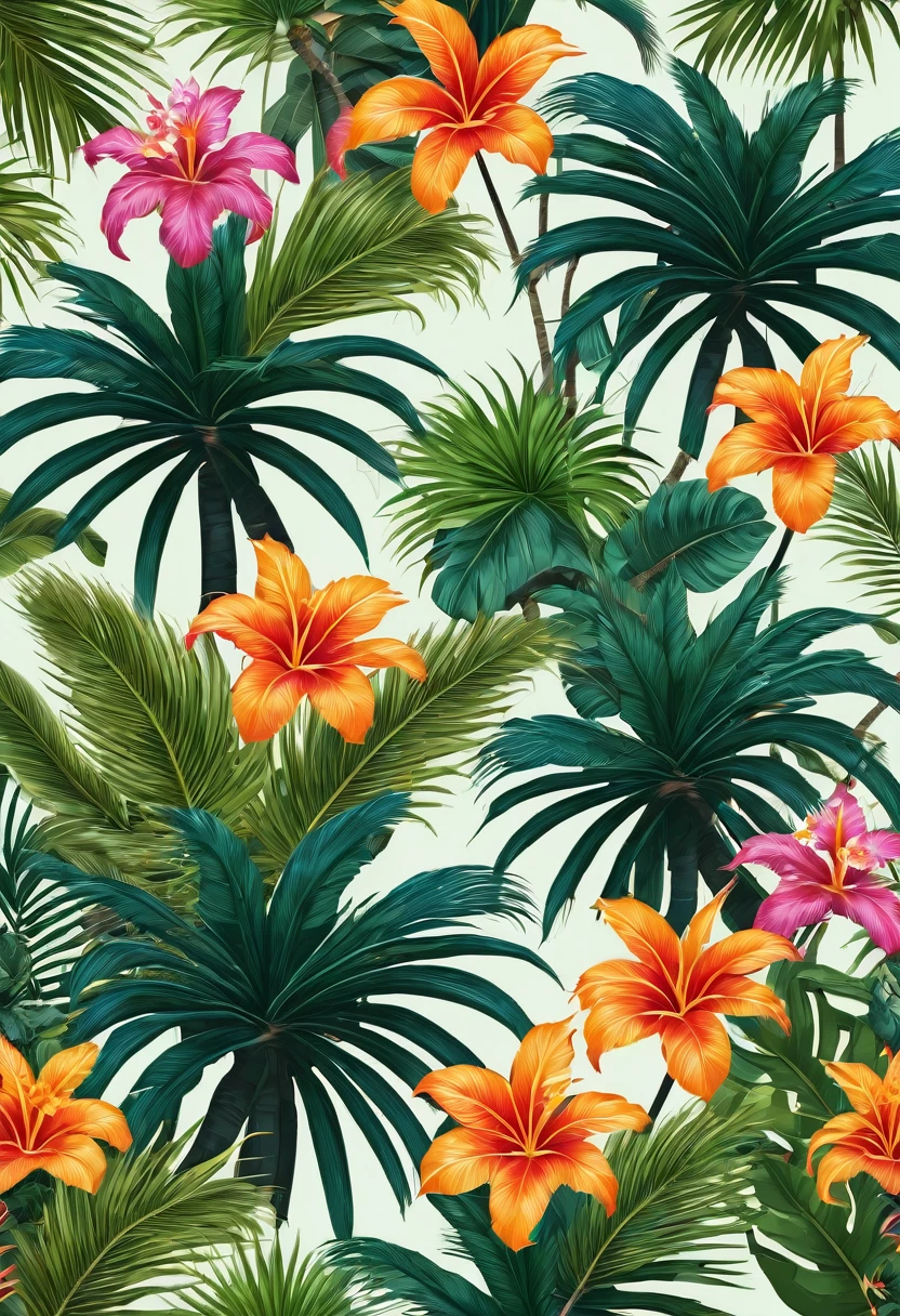 Close up of palm trees and flowers pattern, tropical trees, tropical palms, tropical plants, Plants all over, elegant tropical prints, an abstract tropical landscape, tropical, tropical mood, tropical paradise, tropical jungle, Wallpaper Design, tropical, Flower Wallpaper, tropical background, tropical forest, tropical island, strange trees, Jungle garbage, tropical landscape, tropical ocean