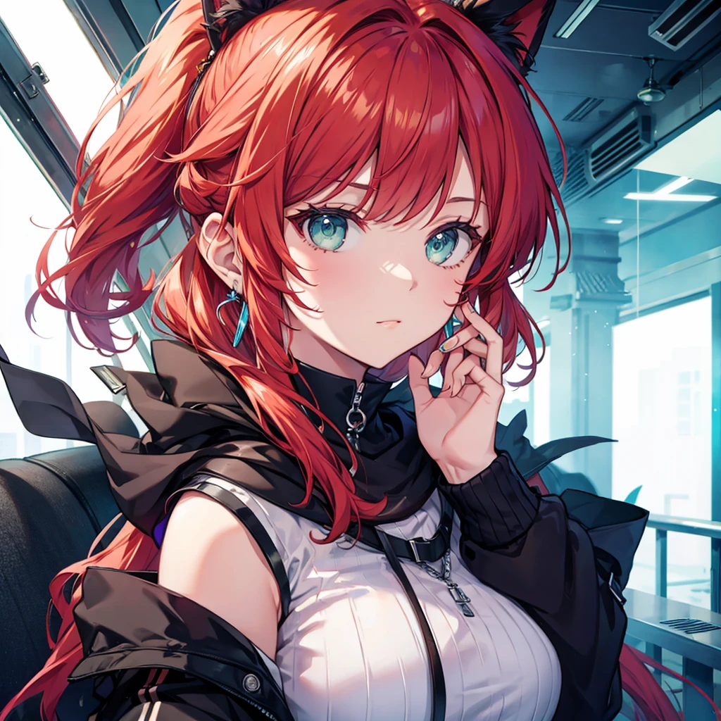 Fantasy Redhead ponytail beauty Green Eyes Cat ear Have Big earrings