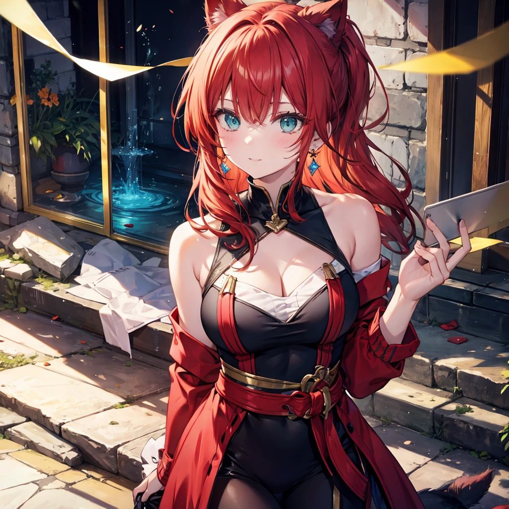 Fantasy Redhead ponytail beauty Green Eyes Cat ear Have Big earrings