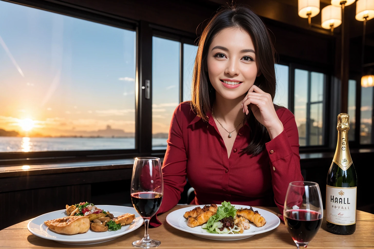 ((Highest quality、8K、masterpiece:1.3))、1 male 1 female、spouse、Beautiful couple、smile、 (Slim face), (the body is スリム), (Brown Hair), (Shortcuts), ((Bob Hale、Straight hair:1.2)), full-course dinner、テーブルの上のwine glass、Please shine a light on my face、 Amazing view of the sunset sky and clouds、smileの美しさ、Bright image、Blushing, Shortcuts,Bright Face、42 years old), 39 years old, red wine 、Appetizers、Italian food、Wine bottle、Champagne、sparkling wine、Long sleeve shirt、dress、Attractive beauty、restaurant, Nova Frog Style, actress, model, Upper Body, White wine, red wine, wine glass,