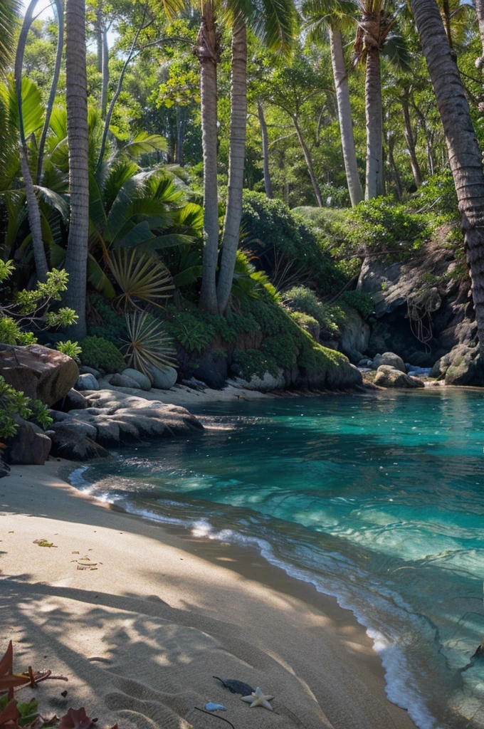 Create a seamless transition design from the deep blue ocean to a sandy beach, featuring gentle waves lapping at the shore. The beach should smoothly transition into a lush, tropical forest. Include details such as seashells, starfish, and rocks along the shoreline. The forest should have dense greenery, tall trees, and some visible undergrowth. The overall scene should evoke a sense of natural beauty and tranquility, with vivid colors and realistic textures