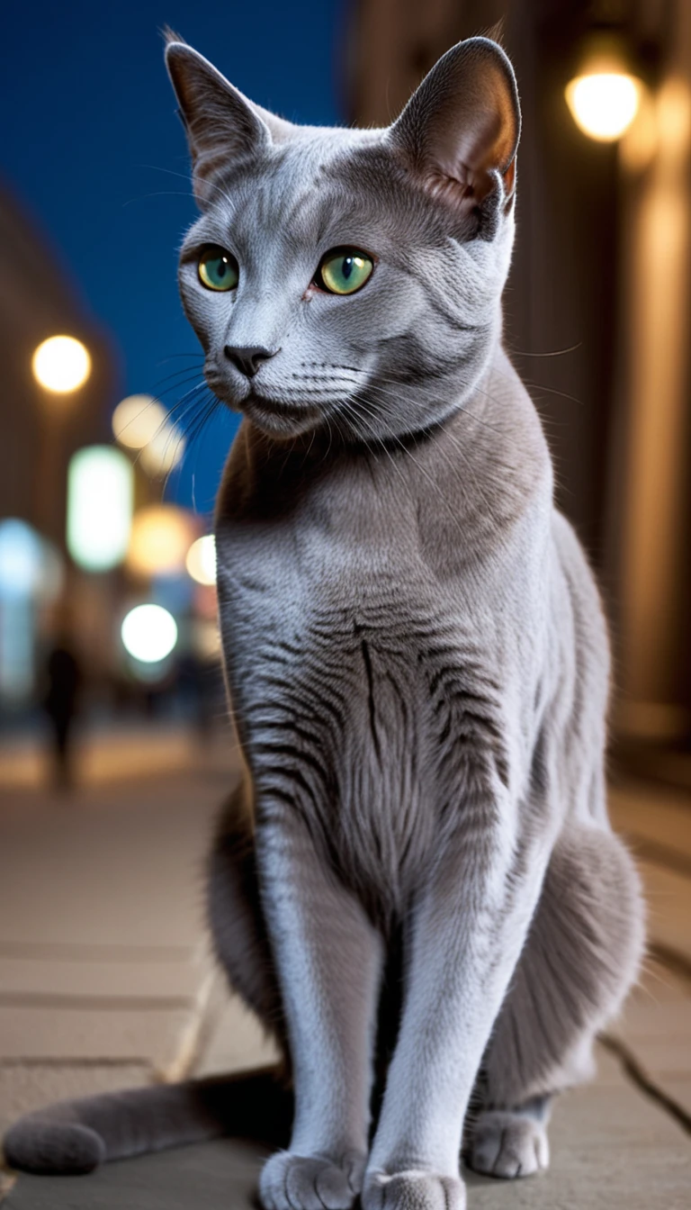 There is no one, realistic photo, photo realism, realism,  Russian Blue (Russian Blue) cat, perfect composition, intricate details, Very sharp, masterpiece, profile, high resolution, looking at the viewer, full body photo in city night view