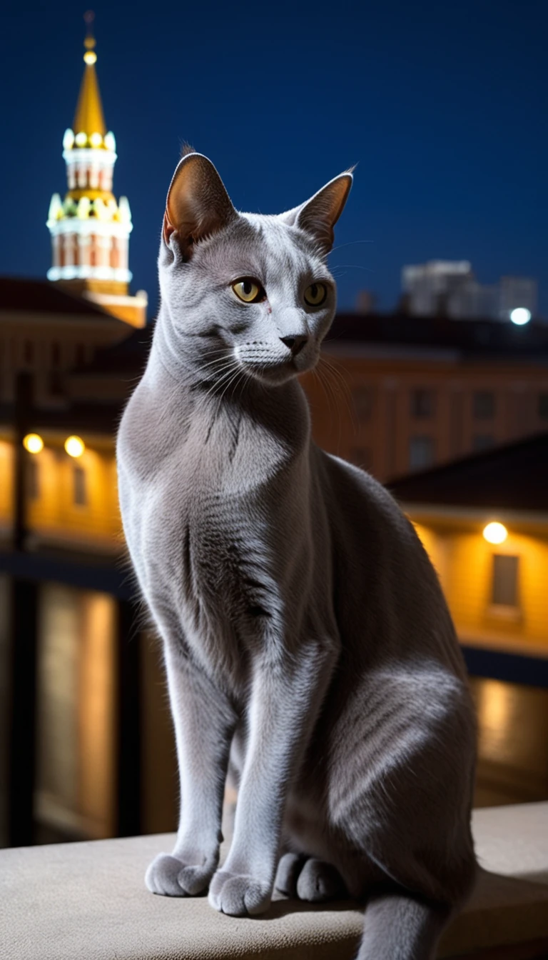 There is no one, realistic photo, photo realism, realism,  Russian Blue (Russian Blue) cat, perfect composition, intricate details, Very sharp, masterpiece, profile, high resolution, looking at the viewer, full body photo in city night view