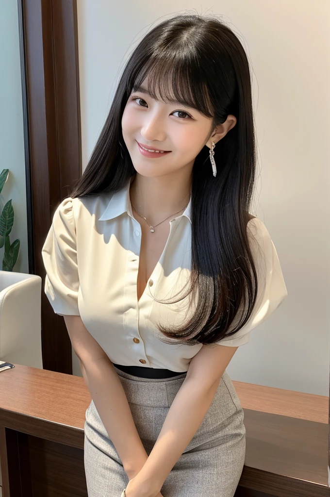 Receptionist at a client company, company receptionist, ((full body)), ((photo)), ((best qualtiy, 8K, tmasterpiece:1.3)), Focus:1.2, perfect figure beautiful girl:1.4, 1girl, cowboy shot, look at viewer, eyes facing the camera, incredibly absurd, beautiful and cute girl with a photorealistic face, showcasing top-quality craftsmanship, A Japanese girl sitting smiling as a receptionist at the reception desk, 19 years old, has long, shiny black hair, straight, with the ends curled slightly inwards, with see-through bangs cut above the eyes, fair and smooth skin, large, round almond-shaped eyes, jet black eyes, long eyelashes, double eyelids, high nose, plump lips, a smile with upturned corners of the mouth, sunken cheeks, a fragile impression, glamorous, well-balanced proportions, tall, 165cm tall, beautiful D-cup breasts, white blouse, beige tight skirt, heeled pumps, pearl necklace and earrings, silver watch, pretty older woman, beautiful, neat, has a cute voice, intelligent, elegant, calm, kind, her hobbies are reading and listening to classical music, February