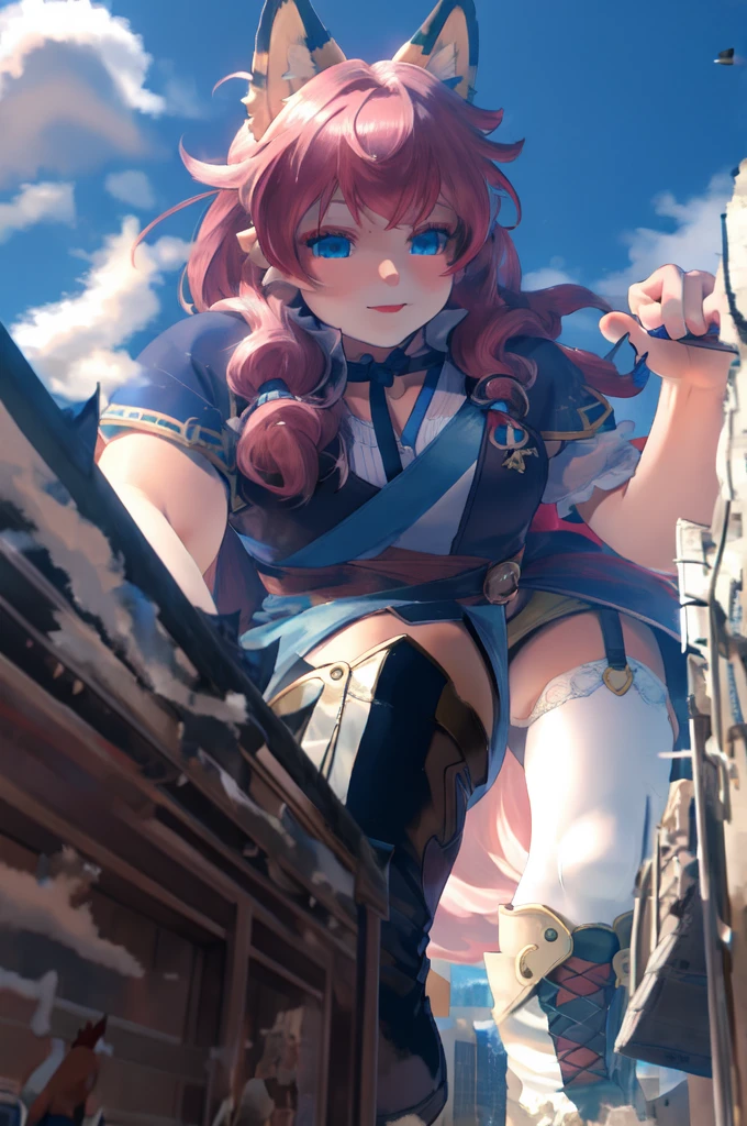 Anime characters with blue cape and pink hair, anime girl, single,lively, humanoid pink long hair, fox girl, fox ears, putika pose, white dress, white stockings, boots,city ,giantess