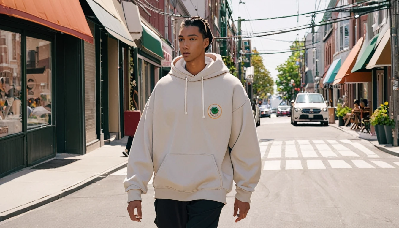 Usoop in a sweatshirt walking down the street 