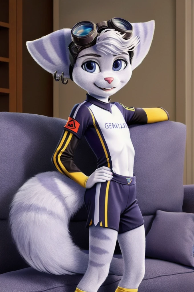 Rivet, tail, furry girl, young, Germany soccer uniform, inside livingroom, on couch, detailed body fur, detailed body, detailed eyes, detailed face, athletic, skinny, high quality, masterpiece, small breasts, goggles, :D, looking at you, full body