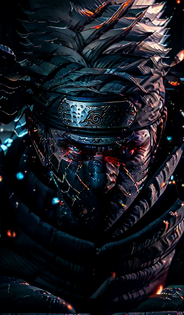 close-up detailed portrait of Kakashi Hatake from Naruto, hyper realistic, glowing blue eyes,dramatic, gritty, intense expression, best quality, 8k, insane details, intricate details, hyperdetailed, high quality, masterpiece, mid shot, macro shot, holographic reality, holographic halo, motion blur, game light effect, rim light, soft light, movie rim light, delicate light, cyberpunk style, oil painting texture, full length shot, 3D artist, detailed, futuristic, lightning,