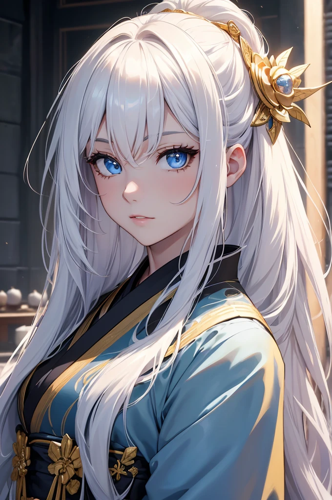 (8K, Best Quality, Masterpiece, Ultra High Resolution) 1 Girl, Woman, Beautiful Eyes, Face Details, White Hair, Long Hair, Flowy Hair, Blue Eyes, Pale Skin, Royal Kimono, Black Kimono, Gold Details, Heavenly Palace, Best Quality, Upper Body, Looking at the Viewer, Facing Viewer, Close Up