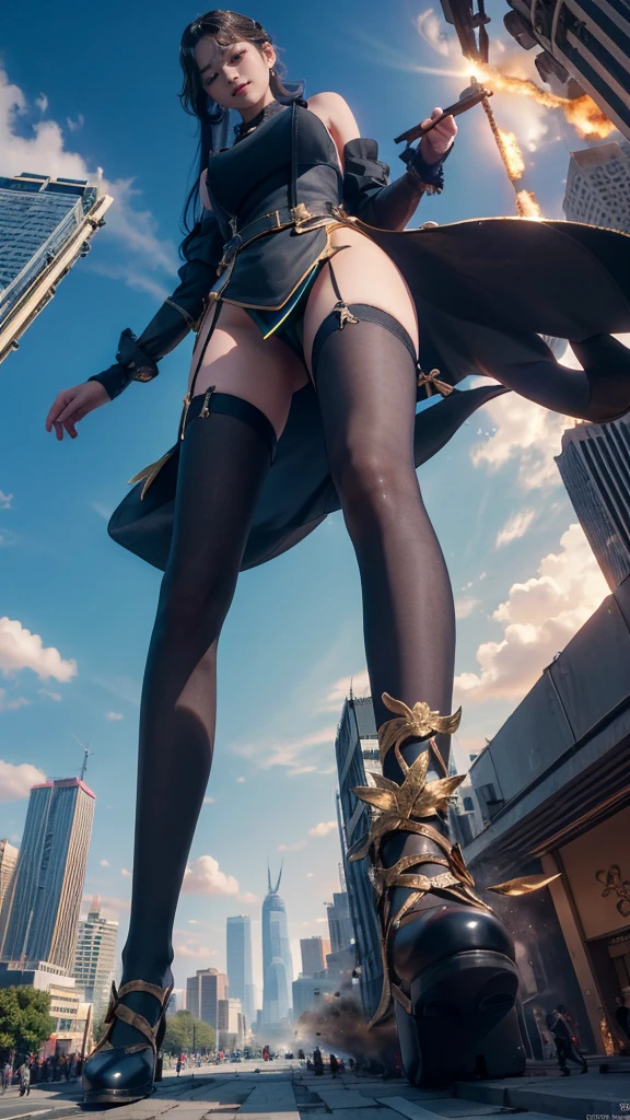 Aerial View,giantesscity,giant girl 500 feet high,skyscrapers,Have a pair of ultra long legs,stepping in the crowd,many people in street,a pair of huge breasts,Princess,mini skirt,black silk socks,Has black waist-length hair,Wearing a pair of Mary Jane heels,A look of enjoyment,standing on a ruins,Beautiful appearance,Exquisite makeup,quality,8k,高quality,Perfect proportion, Cinema lighting,film grain,Fuji colors,8k,textured skin,Super details,high detail,high quality,high resolution,explode,fake smile