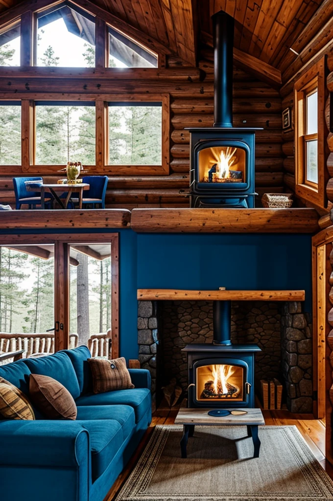 Interior of a cabin with an ogar stove and a blue sofa 
