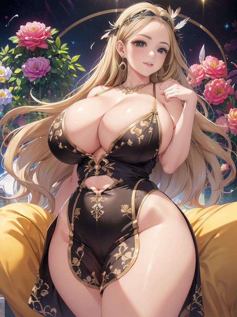 過去最高のmasterpiece、beautiful美しさ, 3D 2D, rich, blonde, skirt, stockings, High heels, star、(Highly detailed CG Unity 8K wallpaper),(masterpiece), (Highest quality), (Very detailed), (Best Work),(Best Shadow), (sharp eyeliner, eye shadow, fine eye:1.1), (超High resolution,Realistic,Realistic),(8K,RAW Photos),Mature Woman、Sensual curves、Huge breasts、Thighs、bubble、お尻のmasterpiece, full body shot, beautiful女性, Captivating smile, Thick lips, plump唇, blush, Looking at the audience, Provocative expression, beautiful髪型, Cleavage, plump、Curvy Hips、Attractive face、Sexy Dress、An inviting gaze、Expressing emotions、(((Erotic dresses)))、Gorgeous Accessories 、Big Breastsの女性, Blonde, colored feather, metal ornaments, colored Flowers, particle, Light, (1 Girl:1.3),(Fractal Art:1.1),(colorful:1.1)、(Flowers:1.3),Most detailed,(Tangled:1.2), (Dynamic pose), (Abstract background:1.3), (Shiny skin), (Many colors :1.4), ,(Earrings:1.4), (feather:1.4),masterpiece, Highest quality, Very detailed, 30~40 years, full body shot, beautiful 、Various Hair Styles，Gold headband，Ample breasts，beautiful butt，Greek clothing，Tulle covers the chest，Perfect balance, Costume details Details,marble，cinematic Lighting, Film Grain, High detail, Openwork decoration，(((colorfulな最高級ドレス)))、(((解剖学的に正しいbody))) ,Big Breasts,Cowboy Shot, blush, (((1 Girl))), Perfect Face, (((Highest quality))), (Very detailed), detailed face and eye, (alone), High resolution、beautifuleye,(((Sexy pose)))、(((整ったBig Breasts)))、((beautiful eye))、luxury、(((超High resolution)))、(((Detailed Description)))、(((ぽっちゃりbody型)))、(((解剖学的構造に一致したbodyの部位)))、beautiful長いまつ毛、バランスのとれたbody型,The legs and arms are just the right size、Fishnet tights、glamorous、(((Clear white and black eye)))、lipstick、Sparkling、(Undistorted face, eye, body)、jewelry、gem、(長くカールしたbeautifulまつ毛)、(((バランス良いbeautiful胸)))、(transparent, Exquisite skin:1.2)、(((完璧なglamorousボディー)))、Actress&#39;s face、Super beautiful、Cute Smile、Healing beauty、Flower Shower、(((完璧なeye)))、Realistic depiction、Super sexy、Shiny、glamorous、double eyelids、Excellent shadow correction、(((ぼやけていないeye)))、(((plump face)))、Cute face 、(((Shiny輝く肌))) 、(((Gorgeous long dress)))