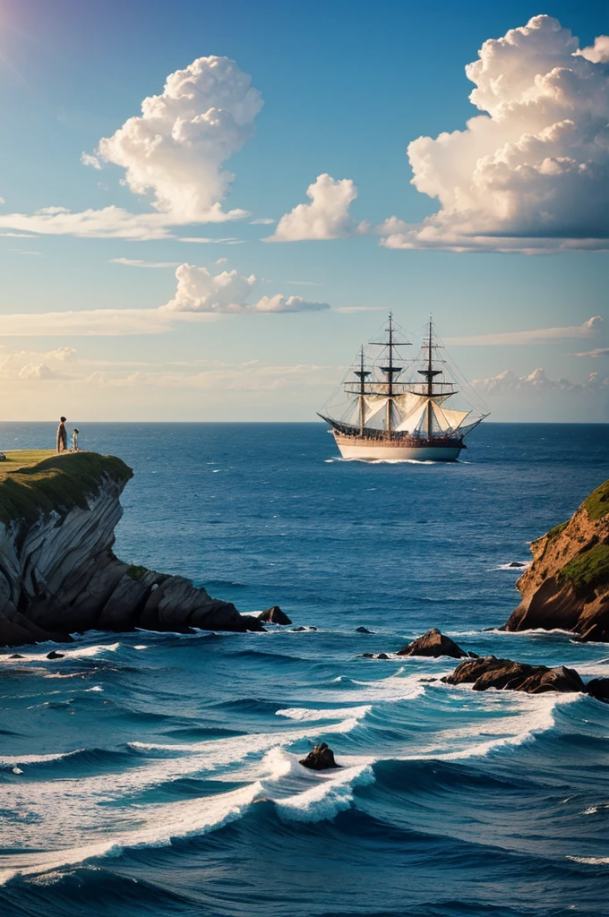 Beautiful seascape with a ship and two lovers in reality and 2D images