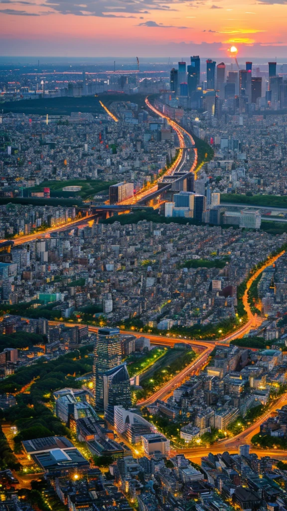a view of a city with tall buildings and a green park, a picture by Naondo Nakamura, unsplash, sōsaku hanga, tokyo japan, arafed view of a field of flowers with a sunset in the background, floral sunset, warm beautiful scene, beautiful sunrise, flowers sea everywhere, sunset warm spring, beautiful sunset, magnificent background, vibrant sunrise, beautiful sunset glow, breathtaking landscape, stunning sunset, field of flowers, at sunrise in springtime, sunset glow, beautiful sunrise lighting, flower field, sunset sunrise tokyo city, tokyo city in the background, tokio, tokyo, japanese city, tokyo prefecture, new tokyo, aerial view of a city, tokyo in the background, bird's eye view of a city