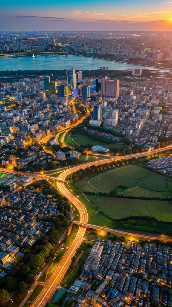 a view of a city with tall buildings and a green park, a picture by Naondo Nakamura, unsplash, sōsaku hanga, tokyo japan, arafed view of a field of flowers with a sunset in the background, floral sunset, warm beautiful scene, beautiful sunrise, flowers sea everywhere, sunset warm spring, beautiful sunset, magnificent background, vibrant sunrise, beautiful sunset glow, breathtaking landscape, stunning sunset, field of flowers, at sunrise in springtime, sunset glow, beautiful sunrise lighting, flower field, sunset sunrise tokyo city, tokyo city in the background, tokio, tokyo, japanese city, tokyo prefecture, new tokyo, aerial view of a city, tokyo in the background, bird's eye view of a city