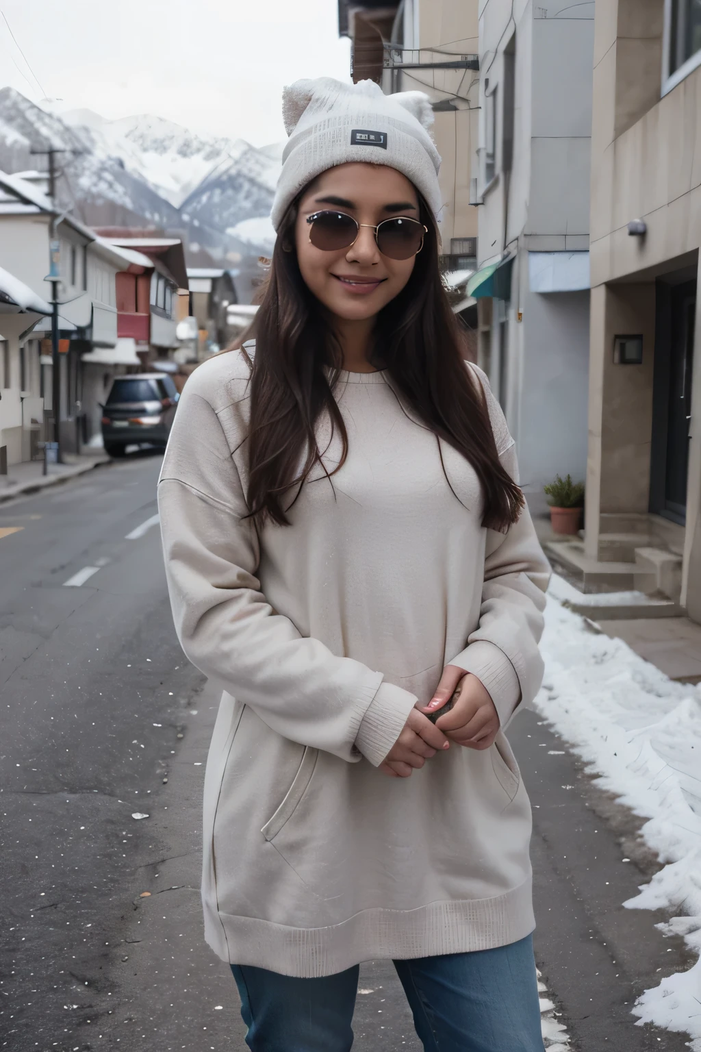 A 21 year old beautiful Indian girl with long hair smiling face beautiful eyes wearing a winter dress and jeans pant cold cap on head standing in a street between mountains very cold weather mountain in the background wearing sunglasses in eyes