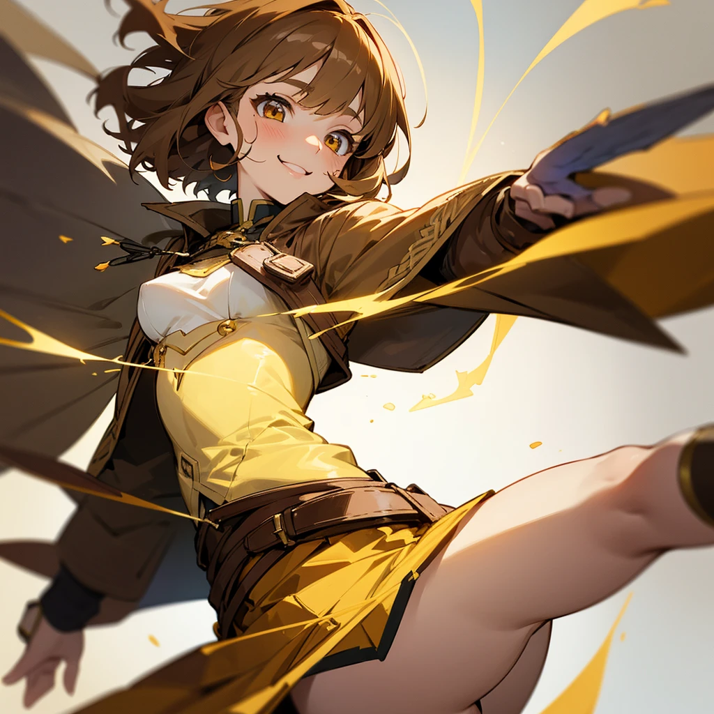 beautiful girl, cute face, perfect anatomy, short light brown hair, golden eyes, wearing an adventurer's outfit, wearing skirt, wearing a coat, with a great smile of gratitude, with a bleeding wound in the face, small breasts, big thighs, anime style.