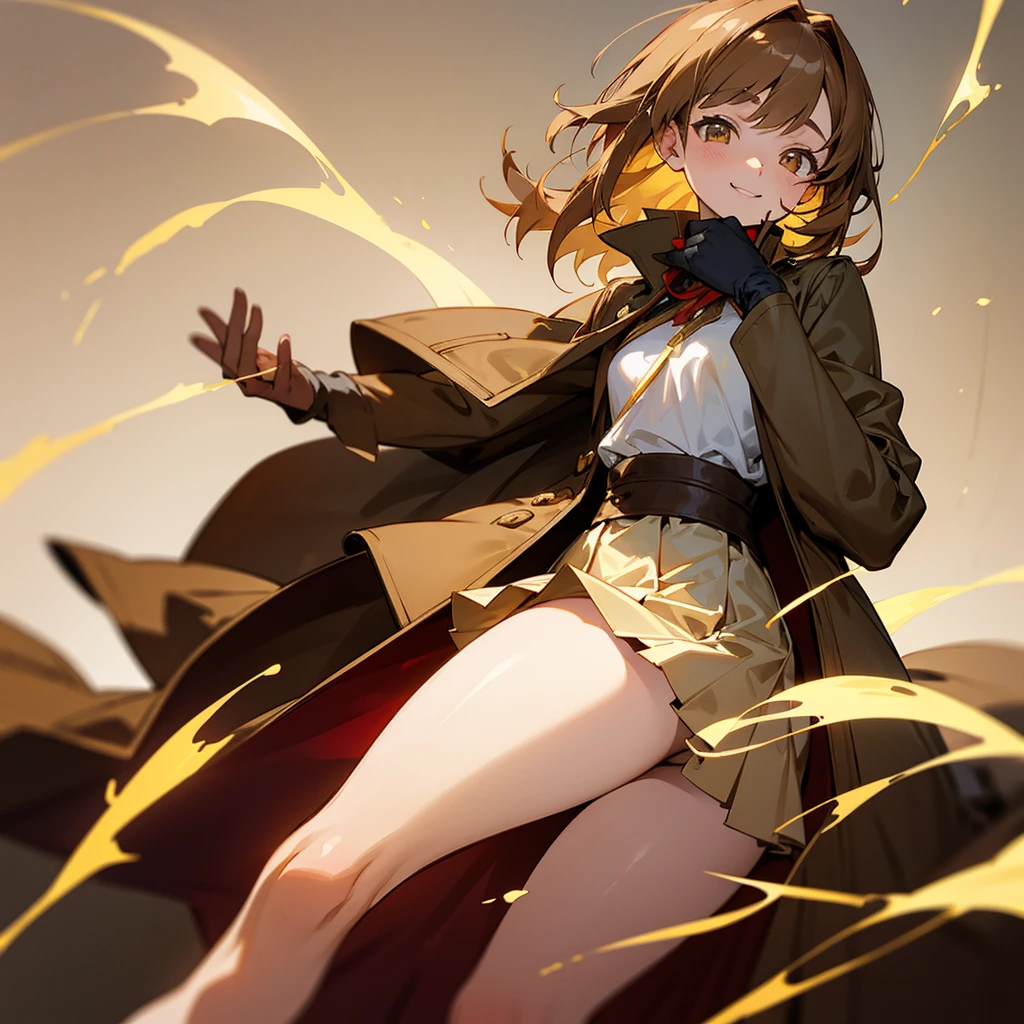 beautiful girl, cute face, perfect anatomy, short light brown hair, golden eyes, wearing an adventurer's outfit, wearing skirt, wearing a coat, with a great smile of gratitude, with a bleeding wound in the face, small breasts, big thighs, anime style.