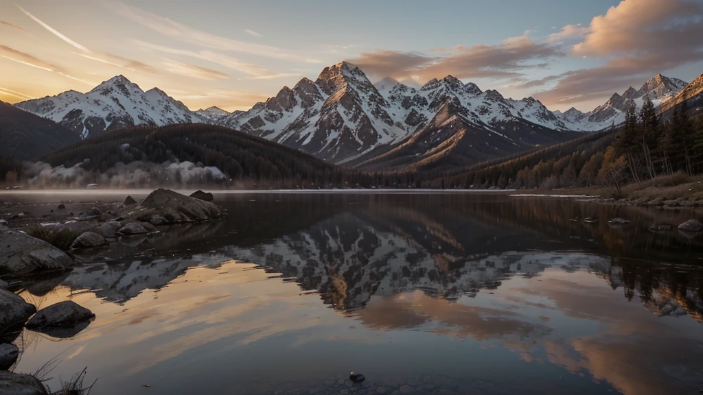 A stunning sunrise at a mountain cabin with a cup of coffee. The warm hues of the sun kiss the sky, painting it in shades of orange, pink, and gold as the light spills over the surrounding peaks. The image, most likely a photograph, captures the tranquility and beauty of the moment perfectly. The cozy cabin exudes a welcoming glow, with wisps of smoke rising from its chimney adding a touch of charm. This high-quality image transports viewers to a serene and peaceful getaway in nature, where every detail is bathed in the soft, ethereal light of dawn.