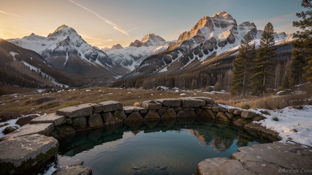 A stunning sunrise at a mountain cabin with a cup of coffee. The warm hues of the sun kiss the sky, painting it in shades of orange, pink, and gold as the light spills over the surrounding peaks. The image, most likely a photograph, captures the tranquility and beauty of the moment perfectly. The cozy cabin exudes a welcoming glow, with wisps of smoke rising from its chimney adding a touch of charm. This high-quality image transports viewers to a serene and peaceful getaway in nature, where every detail is bathed in the soft, ethereal light of dawn.