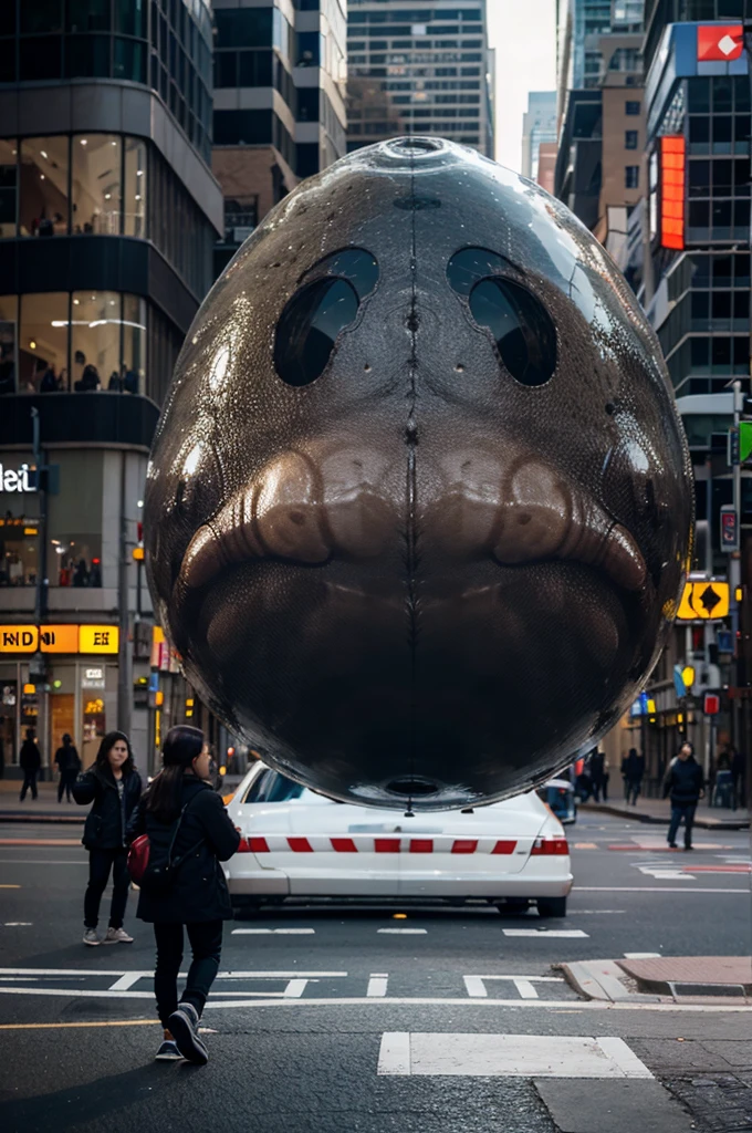 Giant dead blob fish appear in the middle of city, realistic
