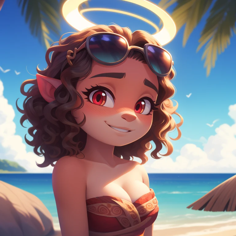 Moana, strapless tight dress, cleavage, curly hair, halo, sunglasses, jewelry, red eyes, longeyelashes, red eyes, smile, shy, blush, high detail, masterpiece, UHD, anatomically correct, super detail, highres, 4K