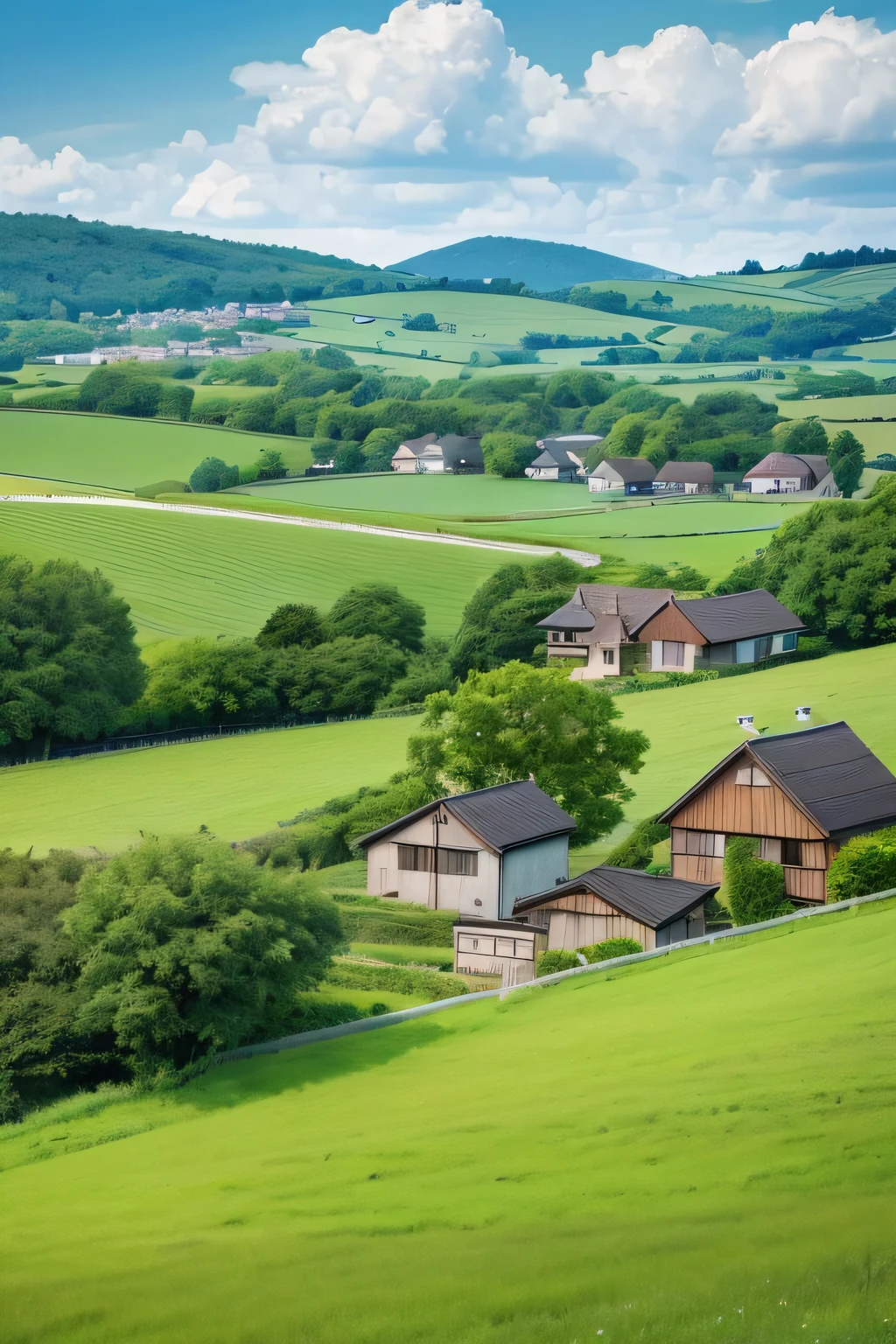 Houses and trees々Cartoon illustration of a green field with clouds, Detailed Landscape — Width 672, Distant village background, anime countryside landscape, by Kamisaka Sekka, Choi Book, countryside, pixel, Landscape Background, Town Background, Landscape illustration, countryside city scene, Pasture, Flat background, Beautiful high resolution, Pasture background, Landscape Background