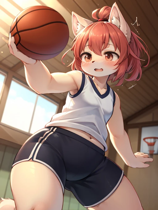 Japanese School Physical education class , healthy Eros , halation , ugly girl , round face , loose body , (Bloomers) , basketball , motion blur , dynamic play