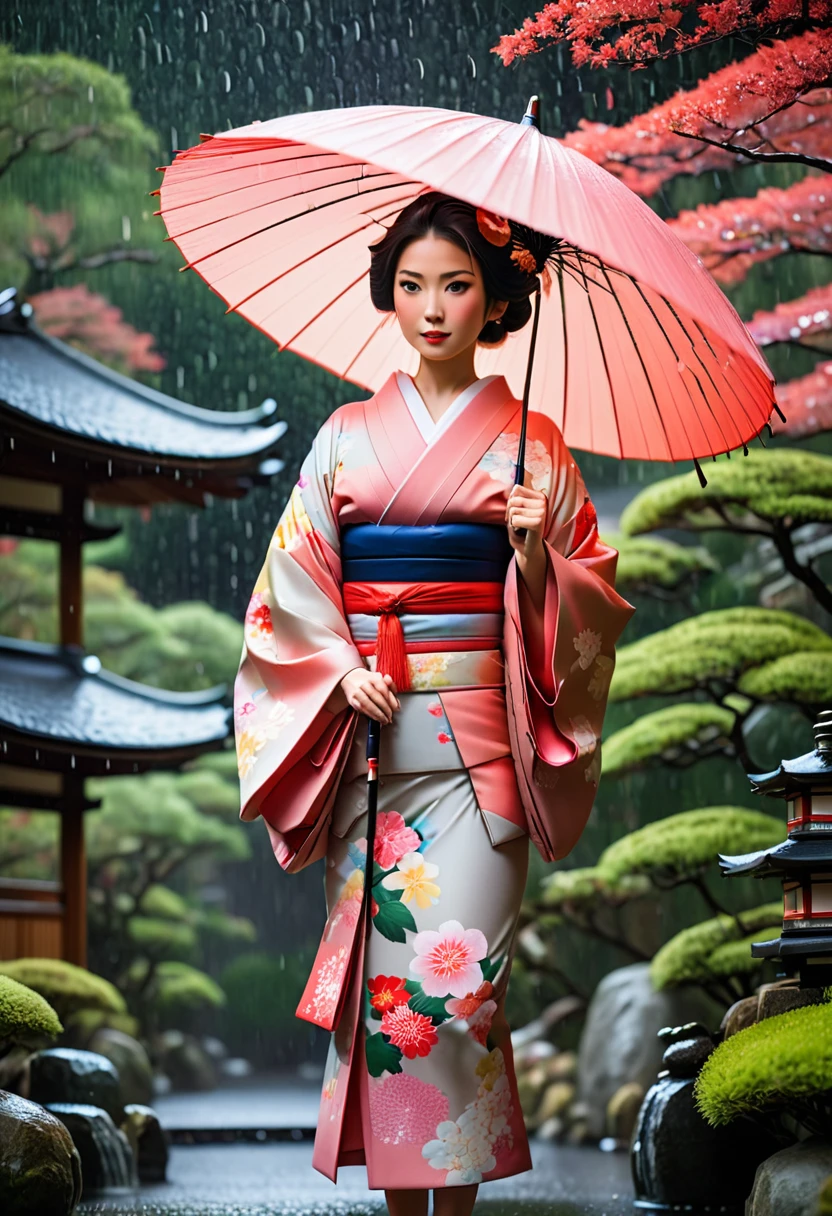 detailed, 8K, Movie angle, in the rain、A woman in a kimono holding an umbrella stands in a Japanese garden。.