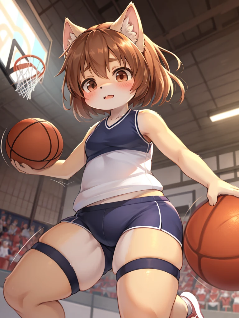 Japanese School Physical education class , healthy Eros , halation , ugly girl , round face , loose body , (Bloomers) , basketball , motion blur , dynamic play