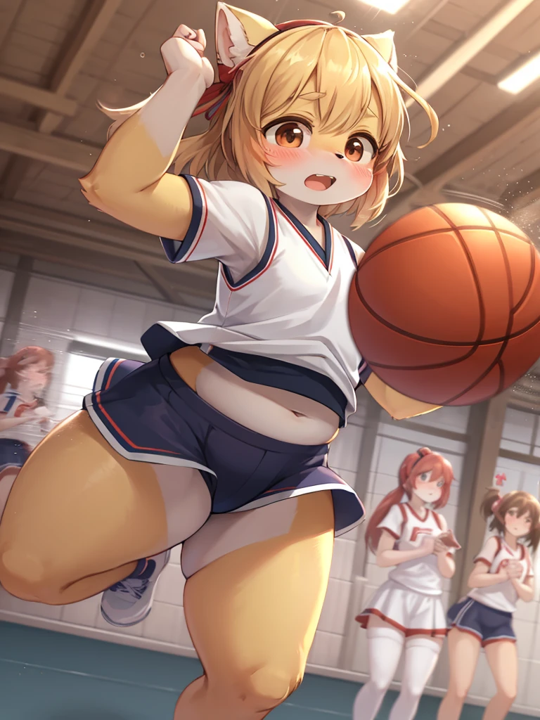 Japanese School Physical education class , healthy Eros , halation , ugly girl , round face , loose body , (Bloomers) , basketball , motion blur , dynamic play