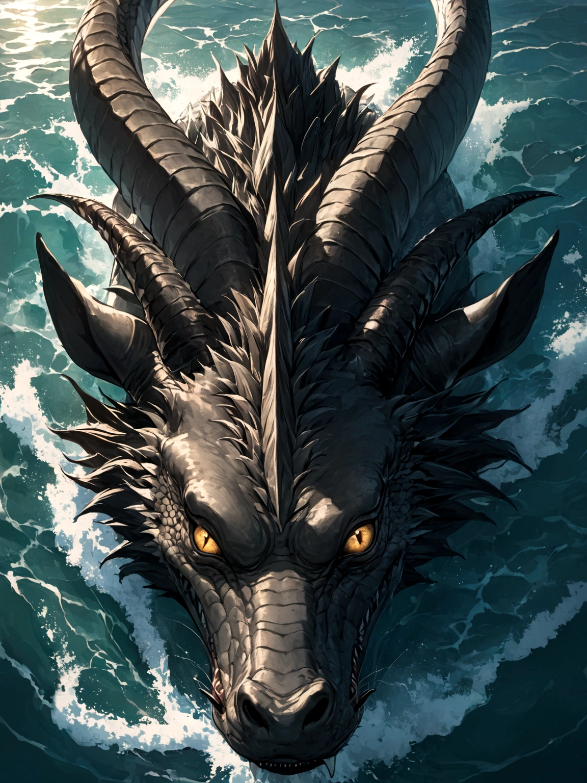 Dragon King,Chinese dragon,(Pure Black:1.3),black eyes,Exquisite and interesting face,Fangs,in the sea,Sunlight ,Low contrast,(Medium and near focal length:1.3),best quality,extra fine,Unlimited details,Realistic photos,best quality,masterpiece,High quality wallpaper,8K,top down,Very detailed, Textured Skin(Not in human form:1.4)