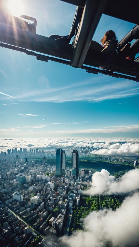 a view of a city with tall buildings and a green park, a picture by Naondo Nakamura, unsplash, sōsaku hanga, tokyo japan, there are two people climbing up a mountain with a view of the clouds, a detailed matte painting inspired by Michael Komarck, unsplash, romanticism, chamonix, photo epic of the year, max rive, breath taking, epic stunning atmosphere, national geographic footage, rise above clouds, stunning skied, above the clouds, gopro footage tokyo city, tokyo city in the background, tokio, tokyo, japanese city, tokyo prefecture, new tokyo, aerial view of a city, tokyo in the background, bird's eye view of a city