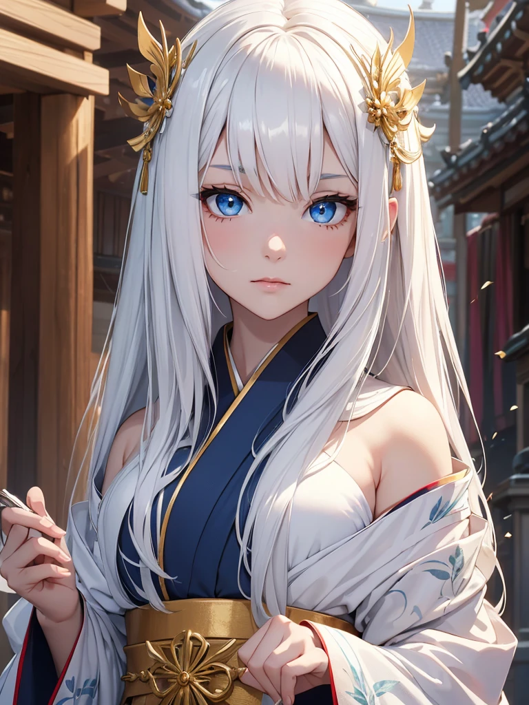 (8K, Best Quality, Masterpiece, Ultra High Resolution) 1 Girl, Woman, Beautiful Eyes, Face Details, White Hair, Long Hair, Flowy Hair, Blue Eyes, Pale Skin, Royal Kimono, White Kimono, Gold Details, Heavenly Palace, Best Quality, Upper Body, Looking at the Viewer, Facing Viewer, Close Up