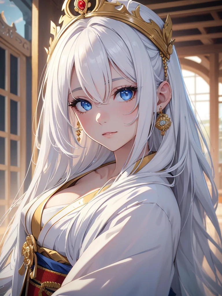 (8K, Best Quality, Masterpiece, Ultra High Resolution) 1 Girl, Woman, Beautiful Eyes, Face Details, White Hair, Long Hair, Flowy Hair, Blue Eyes, Pale Skin, Royal Kimono, White Kimono, Gold Details, Heavenly Palace, Best Quality, Upper Body, Looking at the Viewer, Facing Viewer, Close Up