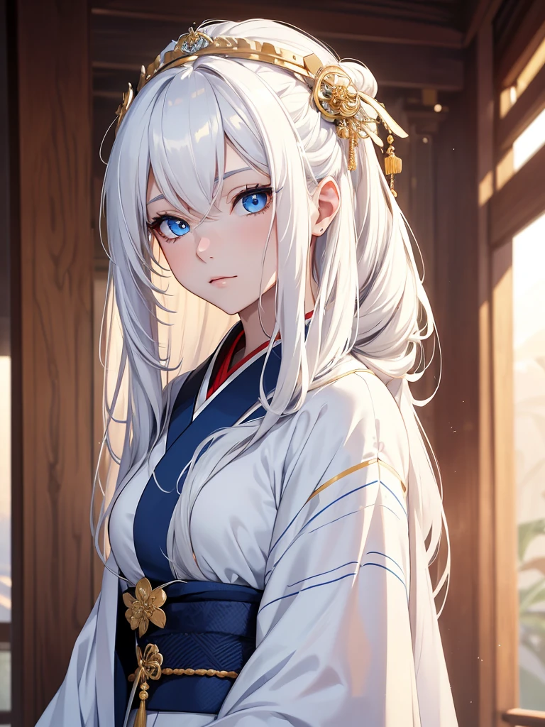 (8K, Best Quality, Masterpiece, Ultra High Resolution) 1 Girl, Woman, Beautiful Eyes, Face Details, White Hair, Long Hair, Flowy Hair, Blue Eyes, Pale Skin, Royal Kimono, White Kimono, Gold Details, Heavenly Palace, Best Quality, Upper Body, Looking at the Viewer, Facing Viewer, Close Up