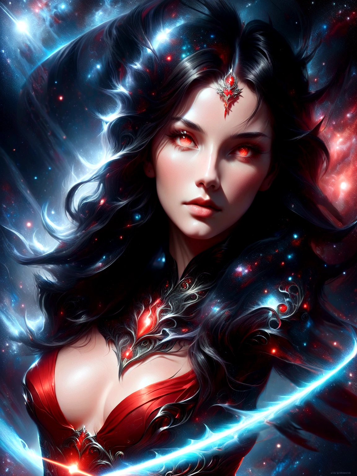 a woman with a sword and a red dress in a space setting, extremely detailed artgerm, alena aenami and artgerm, artgerm detailed, artgerm portrait, ig model | artgerm, artgerm on artstation pixiv, artgerm. high detail, artgerm and ilya kushinov