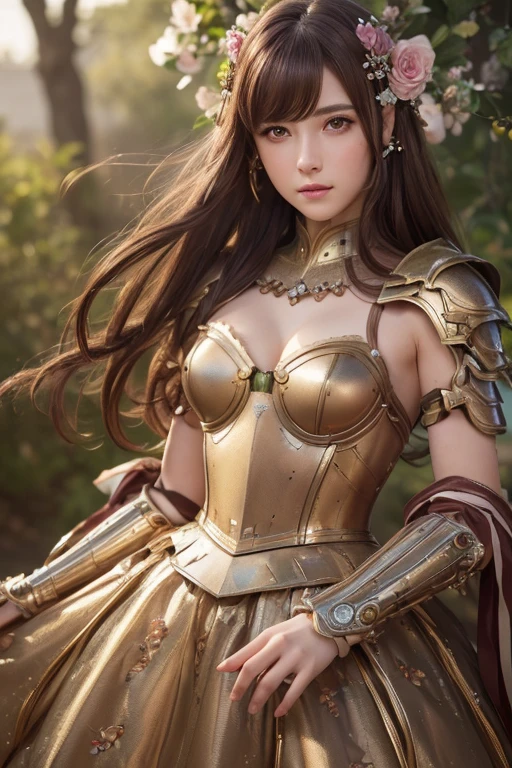 (((masterpiece))), (8K, expensive_solve), (clear_image), Highly detailed CG, ((Highest quality), Beautiful eyes and fine face, ((embarrassed,blush:0.8)), (Abdominal muscles:0.8), (drill hair,dark brown hair,hair ribbon,bright,flower hair ornament),armored dress