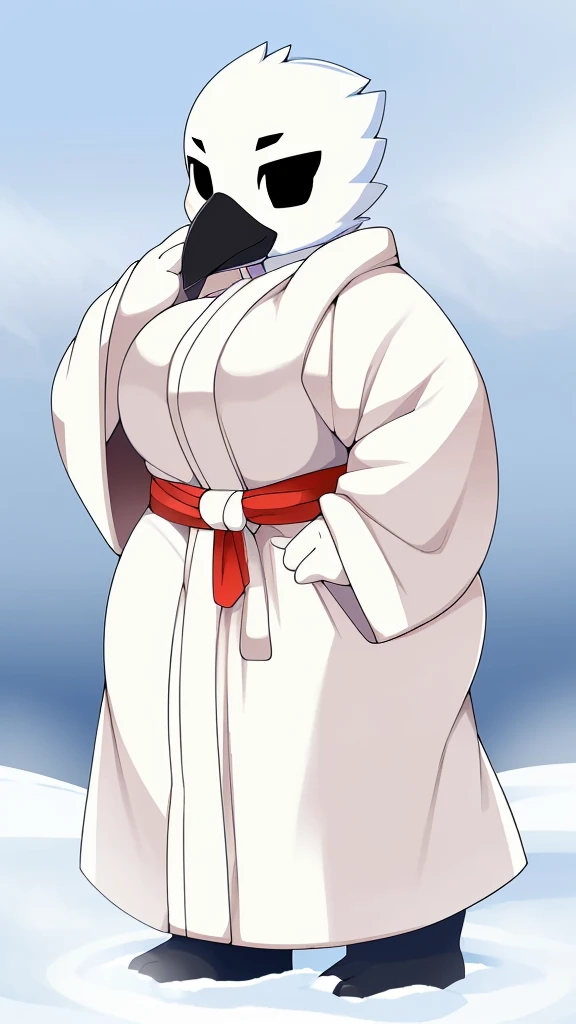 by Berseepon,bbw 20 foot tall humanoid creature, ((long white flowing yeti robe, bird stork mask, white beak, sunken black eyes, long white beak, long flowing plumage)), standing on a snowy plateau, on a snow-covered a siberian mountain, arctic, overcast, ((moody, horror)), staring at viewer,big booty