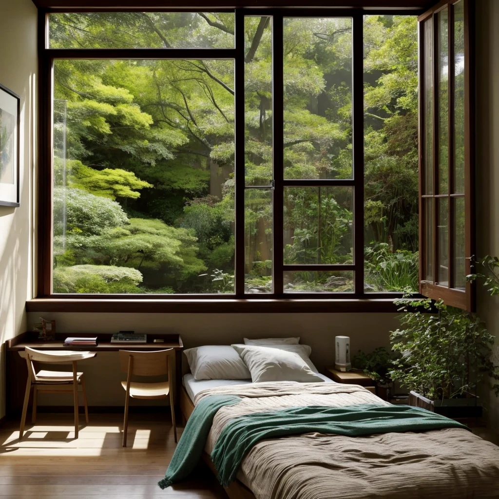 A small bedroom with a single bed. There is a computer screen on a study desk, and an uncovered window showing a garden outside. One side of the room has a plain brown wall with simple decorations. The scene outside the window depicts an Asian garden in the rain.