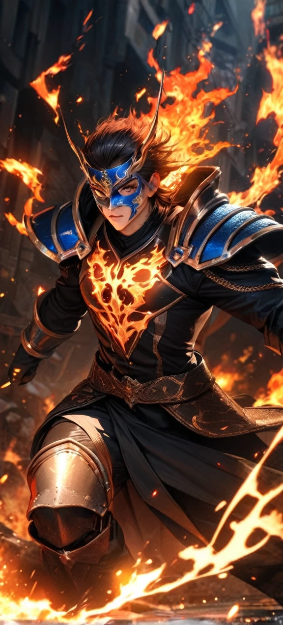 High quality, ultra realistic,absurdres, highres, ultra detailed, HDR, masterpiece, extremely detailed face and eyes, firebringer , cool mask , Saint Saiya , Dark fire Armor, solo, ,man, handsome, ,white eyeleshes, black eyes , villain expresion, fire splashing effect, fire lightning effect,glowing glitters , symetrical , , fire, flaming effect