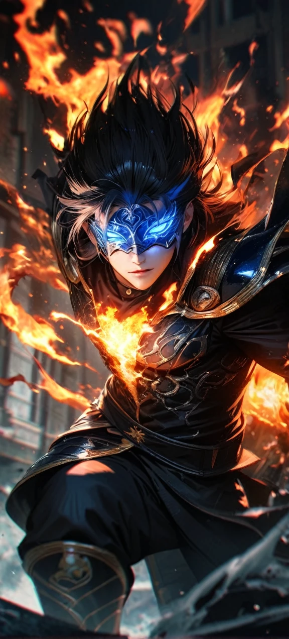  High quality, ultra realistic,absurdres, highres, ultra detailed, HDR, masterpiece, extremely detailed face and eyes,  firebringer , cool mask , Saint Saiya , Dark fire Armor, solo, ,man, handsome, ,white eyeleshes, black eyes , villain expresion, fire splashing effect, fire  lightning  effect,glowing glitters , symetrical , , fire, flaming effect