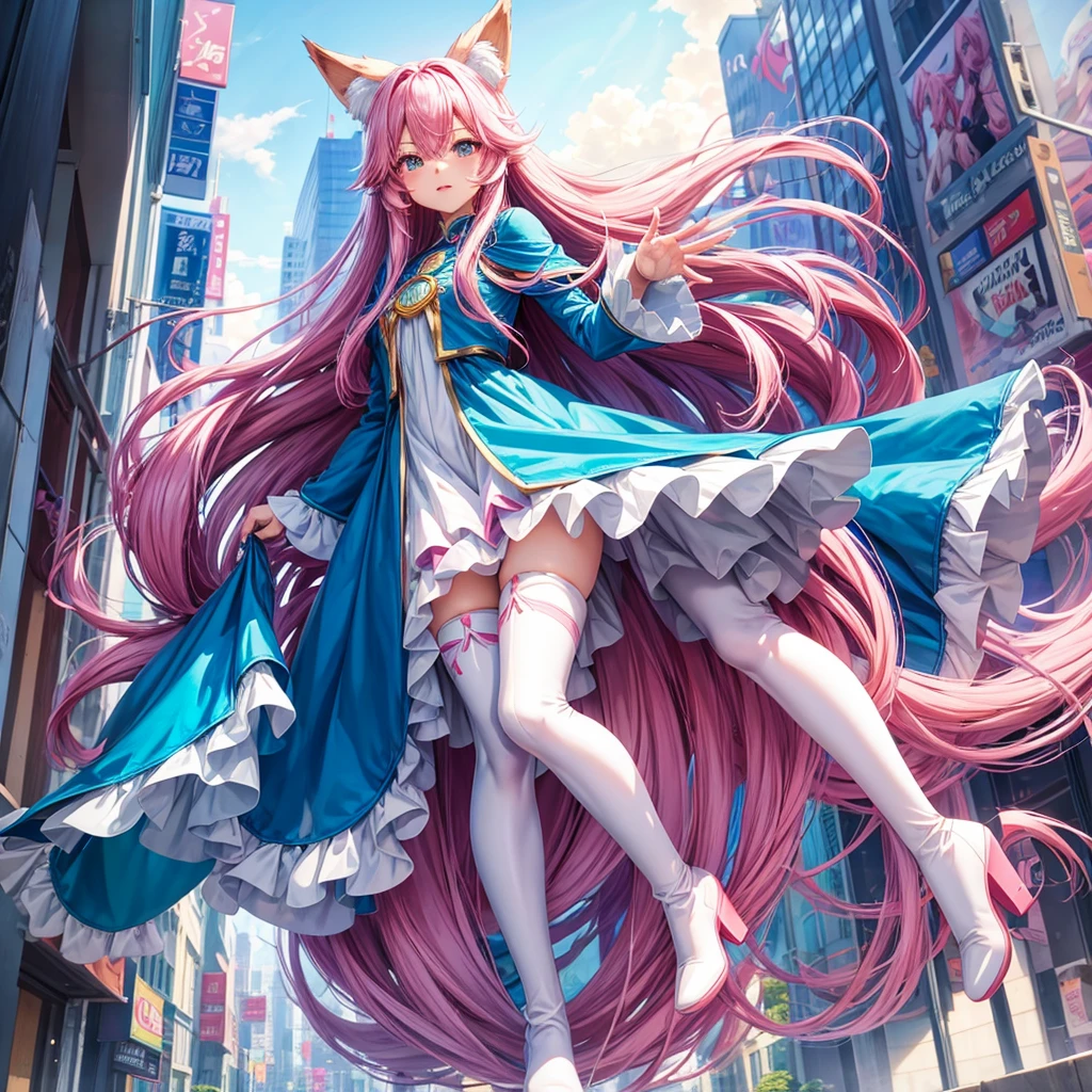 Anime characters with blue cape and pink hair, anime girl, single,lively, humanoid pink long hair, fox girl, fox ears, putika pose, white dress, white stockings, boots,city ,giantess