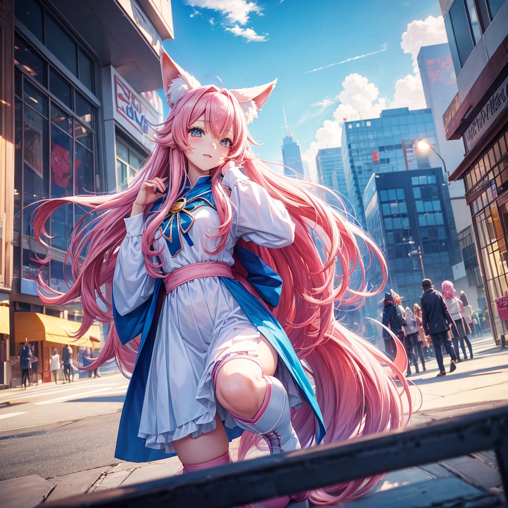 Anime characters with blue cape and pink hair, anime girl, single,lively, humanoid pink long hair, fox girl, fox ears, putika pose, white dress, white stockings, boots,city ,giantess